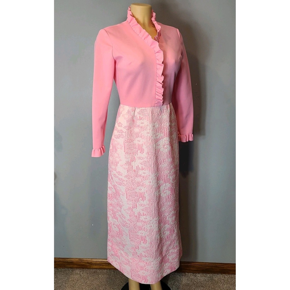 VTG Bleeker Street Dress Sz Small 60s 70s Pink Floral Ruffle Coquette Regency - Picture 6 of 12